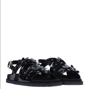 Tod's Black Sandalo Gomma Patent Leather Upper Floral Detail Sandals
